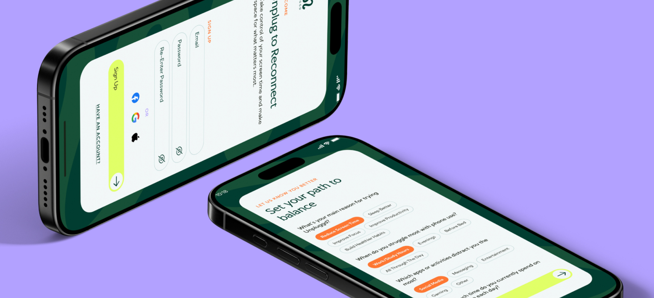 Unpluggd experience flow from onboarding to everyday awareness.