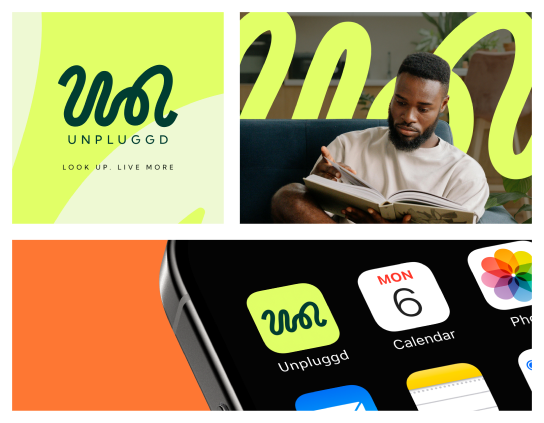 Unpluggd visual identity flowing line system.