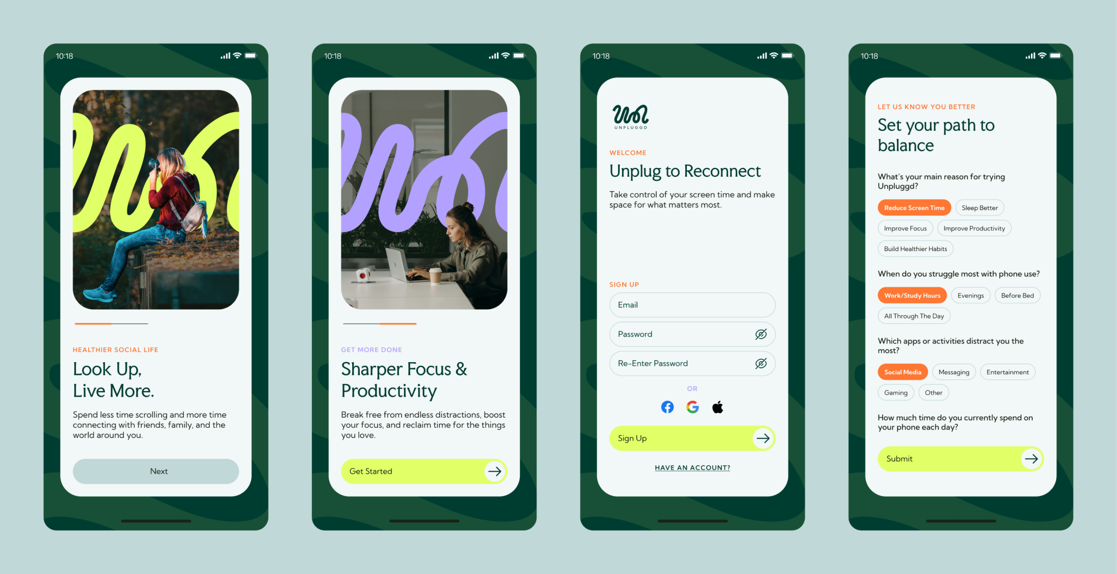Unpluggd onboarding screens.