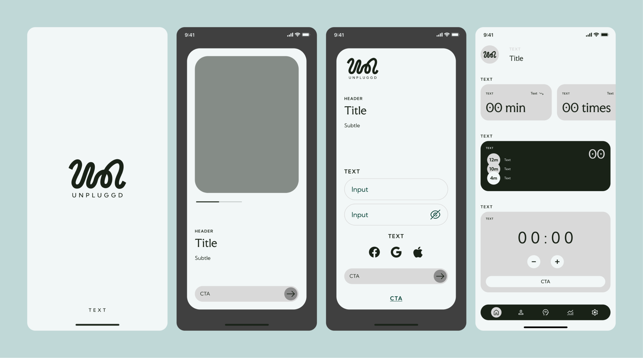 Unpluggd wireframe screens.
